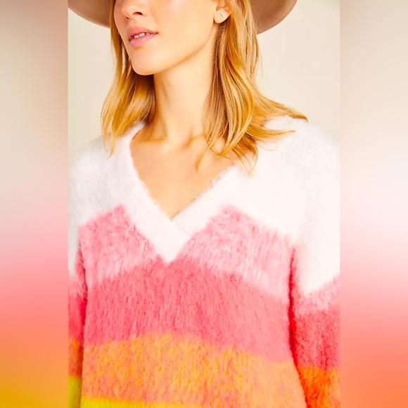 Anthropologie Alpaca Simone Striped Sweater Soft Top V-Neck Ombre Sunset Fur XS - Picture 3 of 10